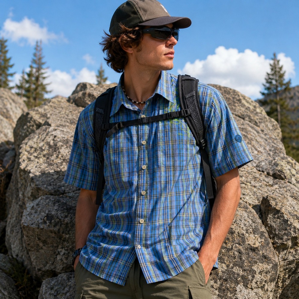 Mountain Hardwear Mens Y2K Plaid Hiking Shirt Sz M Blue Organic Cotton Gorpcore